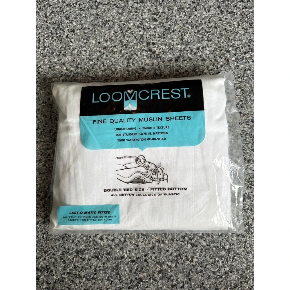 Loomcrest Vintage Double Bed Size Fitted Bottom Sheet White Muslin Cotton 54x75